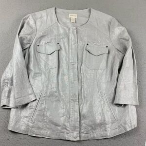 Chico's Silver Linen Jacket with Crew Neckline